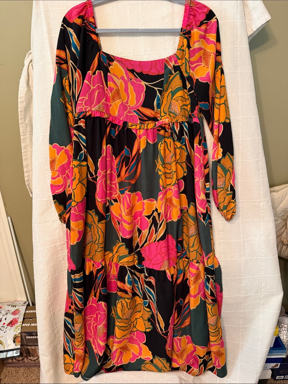 ODDY Black Maxi Dress with Pink & Orange Floral Print